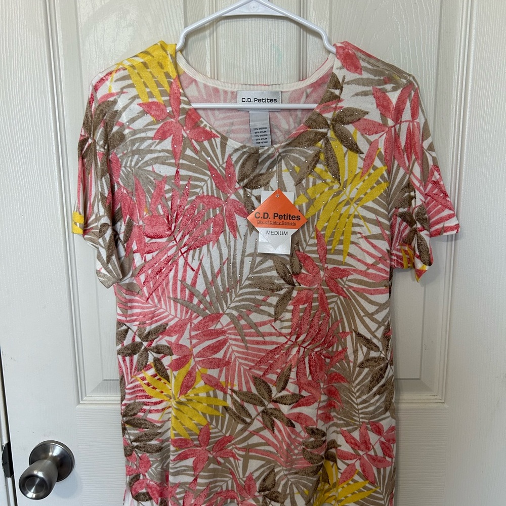 C.D. Petites Women's Floral Short Sleeve Tee - Pink, Yellow, Brown